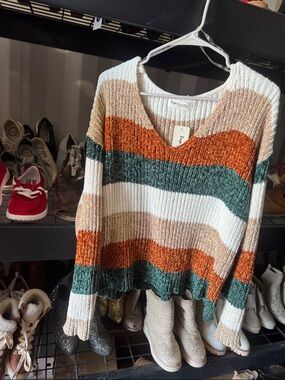 Impressions Striped V-Neck Sweater in Cream, Rust Orange & Green